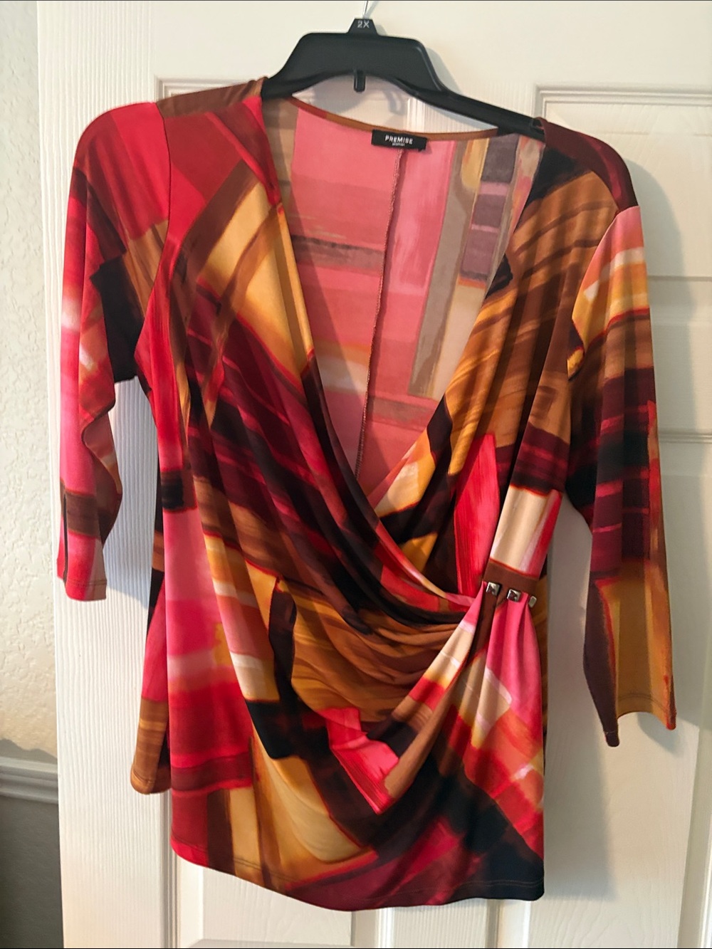 Premise Women's Red Multi-Color Wrap Blouse with Side Buckle